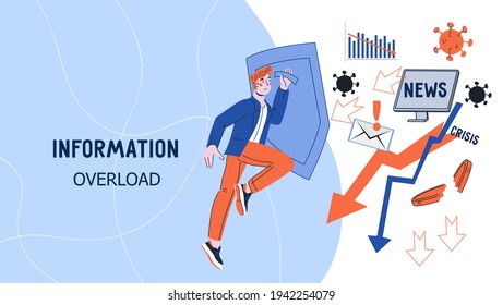 Information Overload Website Interface Design With Business Man Holding Shield Protecting Himself From News, Flat Vector Illustration. Digital Information Overload. Crisis And Financial Instability.