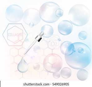 Information package hyaluronic cosmetics. Vector background with bubbles