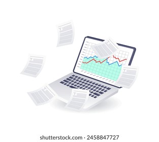 Information paper on laptop, infographics flat isometric 3d illustration