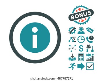 Information pictograph with bonus symbols. Vector illustration style is flat iconic bicolor symbols, soft blue colors, white background.
