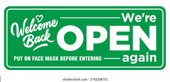 Information plate on the front door we are open again. Put on face mask before entering. Opening of a shop, cafe, office after coronavirus quarantine. Illustration, vector