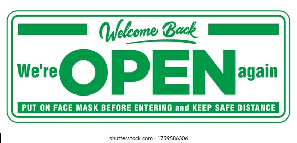 Information plate on the front door we are open again. Put on face mask before entering and keep safe distance. Opening of a shop, cafe, office after coronavirus quarantine. Illustration, vector