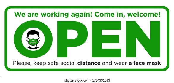 Information plate on the front door we are open again. Put on face mask before entering and keep safe distance. Opening of a shop, cafe, office after coronavirus quarantine. Illustration, vector