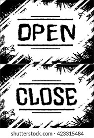 Information plate with Open and close sign, board hanging icon, Signs marking the opening hours, sketch