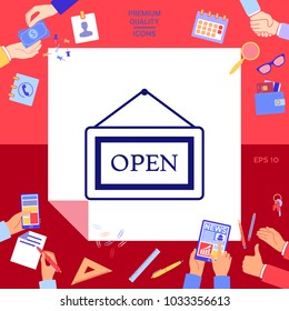 Information plate with Open sign, board hanging icon