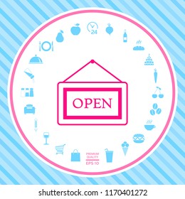 Information plate with Open sign, board hanging icon