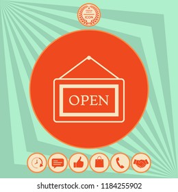 Information plate with Open sign, board hanging icon