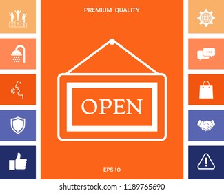 Information plate with Open sign, board hanging icon