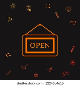 Information plate with Open sign, board hanging icon. Graphic elements for your design