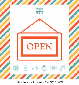 Information plate with Open sign, board hanging icon. Graphic elements for your design