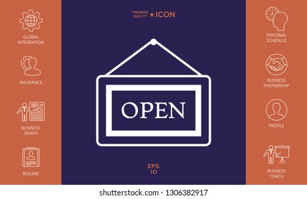 Information plate with Open sign, board hanging icon. Graphic elements for your design