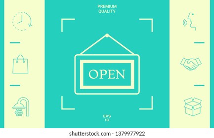 Information plate with Open sign, board hanging icon. Graphic elements for your design