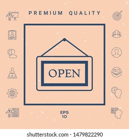Information plate with Open sign, board hanging icon. Graphic elements for your design