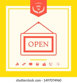 Information plate with Open sign, board hanging icon. Graphic elements for your design