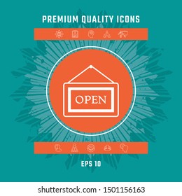 Information plate with Open sign, board hanging icon. Graphic elements for your design
