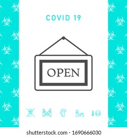 Information plate with Open sign, board hanging icon. Graphic elements for your design