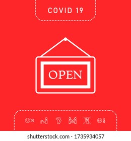 Information plate with Open sign, board hanging icon. Graphic elements for your design