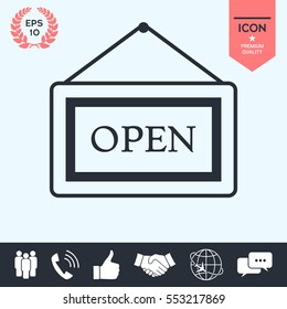 Information plate with Open sign, board hanging icon
