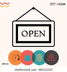 Information plate with Open sign, board hanging icon