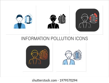 Information pollution icons set. Contamination space supply with irrelevant and low-value info.Collection of icons in linear, filled, color styles. Isolated vector illustrations