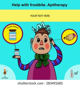 Information poster about first aid for frostbite using apitherapy. Alternative medicine.