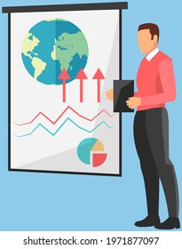 Information poster about planet with text specification. Man scientist analyst standing with clipboard shows graph of analysis of environmental data. Impact of climate change on rising water level