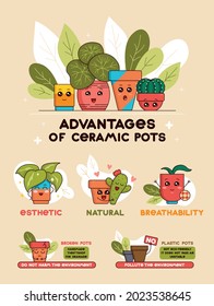 Information poster "Advantages of ceramic pots". Funny pots with plants. An illustration of cute house plants with larvae.