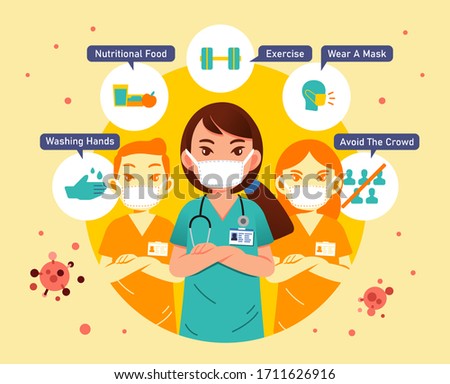 information poster for againts corona virus with medical character and information how to prevent the virus contagiousness flat style vector illustration. used for poster, infographic and other.