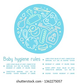 Information poster concept with baby hygiene accessories and sample text. Linear style vector illustration