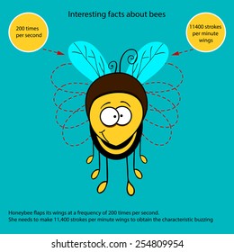 The information poster containing information on that how many once a second a bee waves wings. It is drawn in style of flat design.