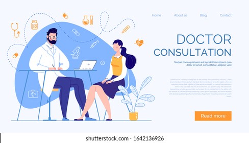 Information Poster with the Inscription "Doctor Consultation". Woman at the Doctor’s Appointment. Website Template. Vector illustration.