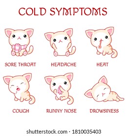 Information poster with text and cute cats. Cold symptoms - heat, runny nose, sore throat, headache, cough, drowsiness. Medical treatment and healthcare. Vector illustration EPS8