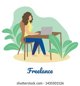 Information Poster with Word Freelance Cartoon. Banner Girl Works at Laptop While Sitting at Table on Background Plants. Flyer Combination Work and Summer Vacation. Vector Illustration.