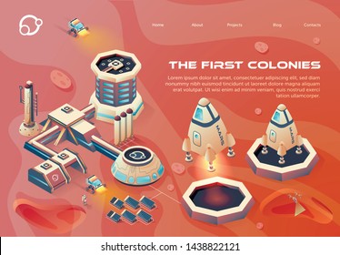 Information Poster is Written the First Colonies. Station and Platform for Departure and Landing Space Shuttle. Gravity Simplifies Take-off Spacecraft from Surface Planet. Vector Illustration.