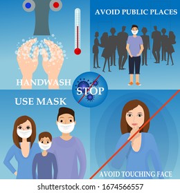 Information, prevention tips from viruses. Wash hands, wear a mask, avoid public places, don't touch face. Dangerous epidemic illness. Steps to stay healthy