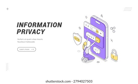 Information Privacy banner template. An isometric vector illustration showing secure data access with password authentication on a mobile phone. Ideal for cybersecurity, vpn services, and fintech apps