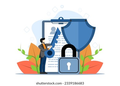 information privacy concept, data protection, protecting data from data theft malware with tiny people. database security software. Cyber crime, computer system hacking metaphor. vector illustration.