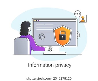 Information privacy. Woman sitting at computer and enters password to access information. Digital security and protection from hackers. Cartoon flat vector illustration isolated on white background .
