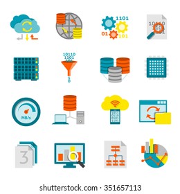 Information processing computer software and data analytics for better business decisions flat icons set abstract isolated vector illustration