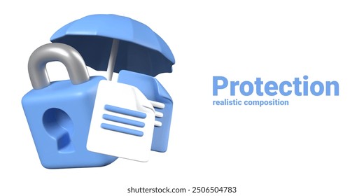 Information protection concept in 3D style. Sheets, umbrella, lock