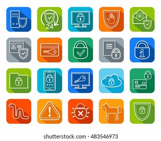 Information protection, contour icons, colored, flat. Information technology, data security system. Vector, white, contour icons on color background with a shadow. 