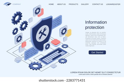 Information protection, data security, access control modern 3d isometric vector concept illustration. Landing page design template