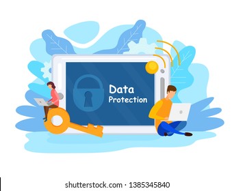 Information Protection Flat Vector Illustration. Man and Woman Sitting with Laptops Cartoon Characters. Firewall Application Banner. Personal Correspondence Security. Encryption Technology
