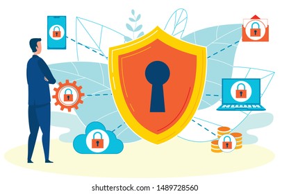 Information Protection Flat Vector Illustration. Shield with Keyhole Protecting Personal Data. Cartoon User Using Password for Smartphone, Cloud Service, Bank Account, Mail, Computer Software