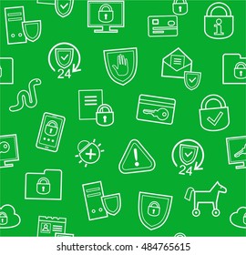 Information protection, seamless background, green, flat. Information technology, data security system. Vector green background with white contour drawings. 