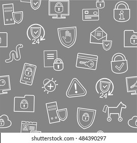 Information protection, seamless pattern, gray, flat. Information technology, data security system. Vector grey background with white contour drawings. 