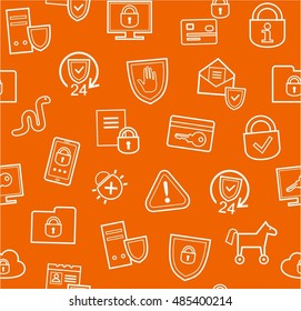 Information protection, seamless pattern, orange, flat. Information technology, data security system. Vector orange background with white contour drawings. 