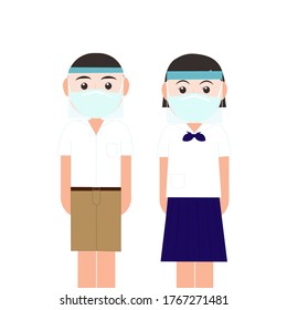 The information for public : How to use face shield correctly. The prevention advice. Personal hygiene. use protective mask. New normal life. Back to school concept. Student are wering school dress.