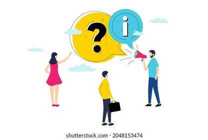 Information and question illustration. Online Faq communication, getting help information, answering questions. Faq conceptual illustration of people. Help qa info symbol. Question mark icon. Vector
