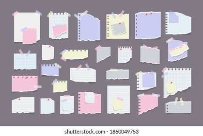 Information reminder. Paper notes on stickers, notepads and memo messages torn paper sheets. Blank notepaper of meeting reminder, to do list and office notice or information board. Vector illustration